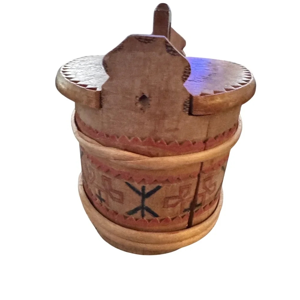 Vintage Hand Carved‎ Wooden Tine Box Folk Art Norwegian Style Painted Small